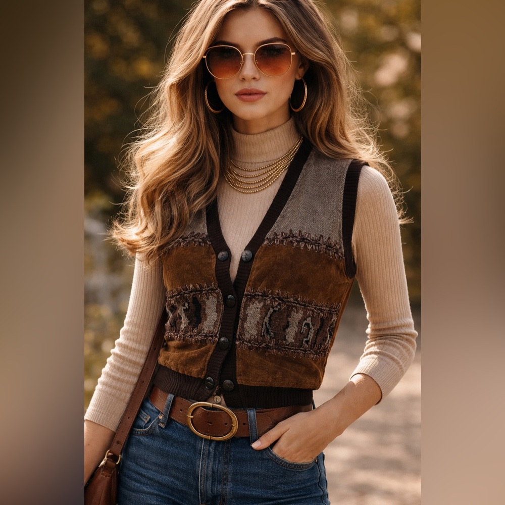 JOU JOU Women's Vintage Patchwork Brown Suede Gray Button-Up Vest L